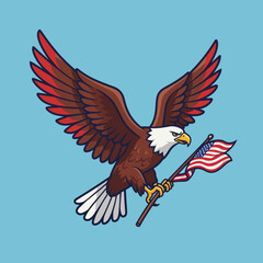 Fototapeta premium American bald eagle Haliaeetus leucocephalus soaring high with small USA flag. Patriotic bird of prey in flight, holding national symbol.