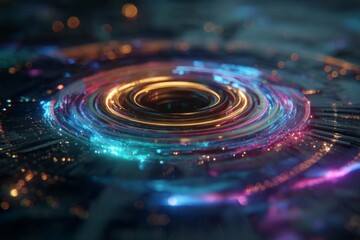 Abstract Cosmic Swirl with Neon Circles and Glowing Particles