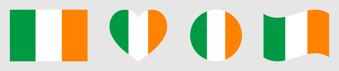 Ireland flags set in square, heart, circle and waving formats designs element. Ireland flags collection. Set of Ireland flags icons isolated on gray background. Vector illustration.