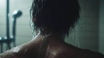 Close-up of a human figure’s back and neck with wet hair under dim bathroom light, steam fogging the background mirror, symbolizing emotional exhaustion, vulnerability, and inner isolation