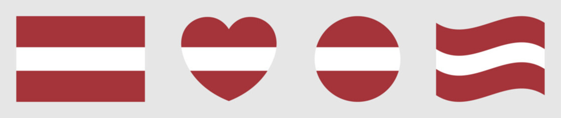 Obraz premium Latvia flags set in square, heart, circle and waving formats designs element. Latvia flags collection. Set of Latvia flags icons isolated on gray background. Vector illustration.