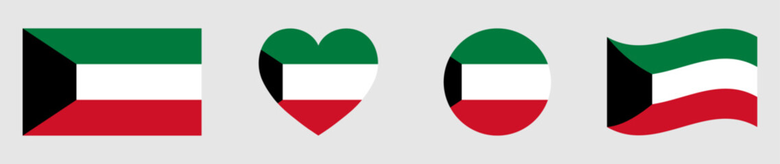 Kuwait flags set in square, heart, circle and waving formats designs element. Kuwait flags collection. Set of Kuwait flags icons isolated on gray background. Vector illustration.