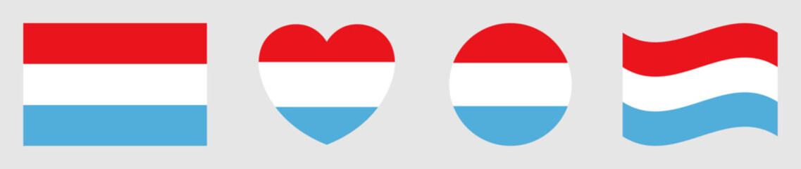 Obraz premium Luxembourg flags set in square, heart, circle and waving formats designs element. Luxembourg flags collection. Set of Luxembourg flags icons isolated on gray background. Vector illustration.
