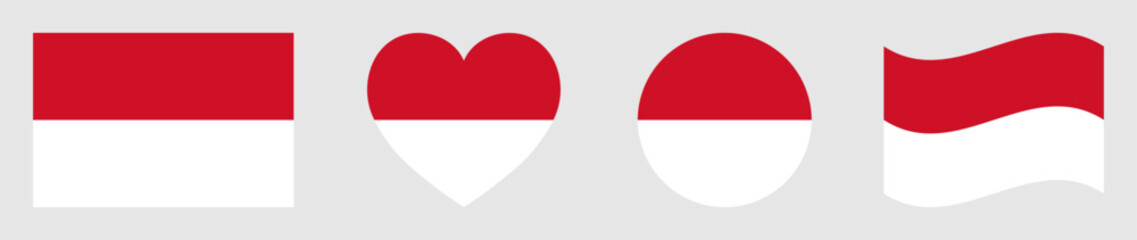 Monaco flags set in square, heart, circle and waving formats designs element. Monaco flags collection. Set of Monaco flags icons isolated on gray background. Vector illustration.