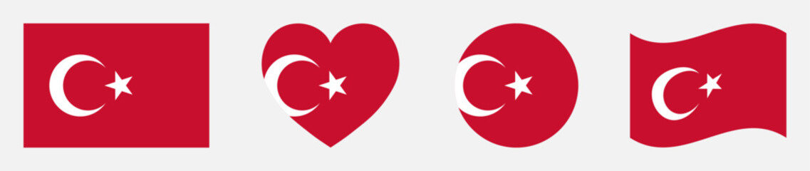 Türkiye flags set in square, heart, circle and waving formats designs element. Türkiye flags collection. Set of Türkiye flags icons isolated on white background. Vector illustration.