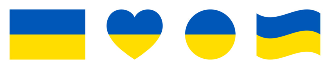 Ukrainian flags set in square, heart, circle and waving formats designs element. Ukraine flags collection. Set of Ukraine flags icons isolated on white background. Vector illustration.