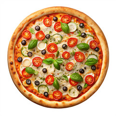 Whole Italian pizza with tomatoes olives basil and zucchini slices isolated on a transparent background