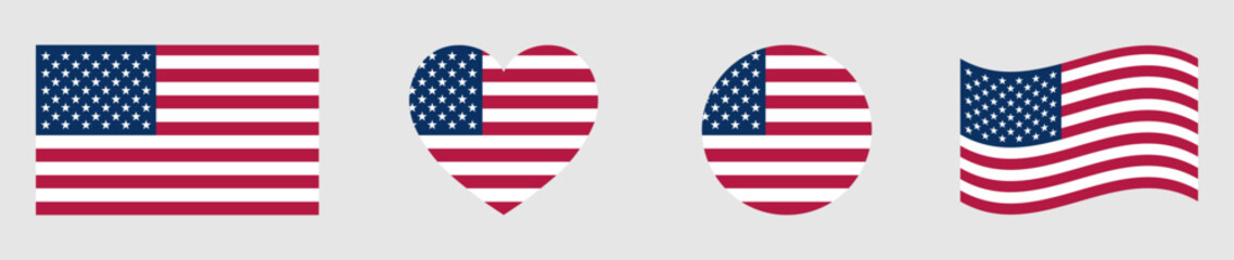 United States American flags set in square, heart, circle and waving formats designs element. American flags collection. Set of USA flags icons isolated on gray background. Vector illustration.