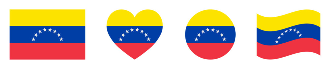 Venezuela flags set in square, heart, circle and waving formats designs element. Venezuela flags collection. Set of Venezuelan flags icons isolated on white background. Vector illustration.