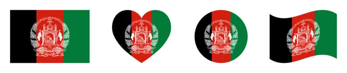 Afghanistan flags set in square, heart, circle and waving formats designs element. Afghanistan flags collection. Set of Afghanistan flags icons isolated on white background. Vector illustration.