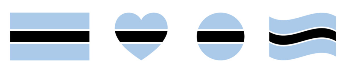 Obraz premium Botswana flags set in square, heart, circle and waving formats designs element. Botswana flags collection. Set of Botswana flags icons isolated on white background. Vector illustration.