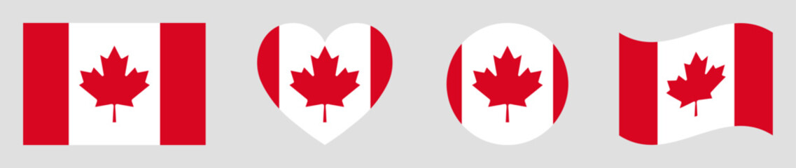 Canada flags set in square, heart, circle and waving formats designs element. Canada flags collection. Set of Canadian flags icons isolated on gray background. Vector illustration.