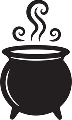 Black Halloween witch cauldron silhouette vector, witch black cauldron with boiling magic potion isolated on white background