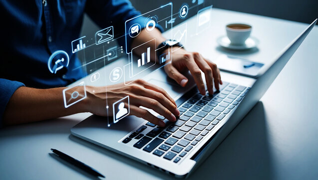 Person typing on laptop with digital interface and coffee data charts