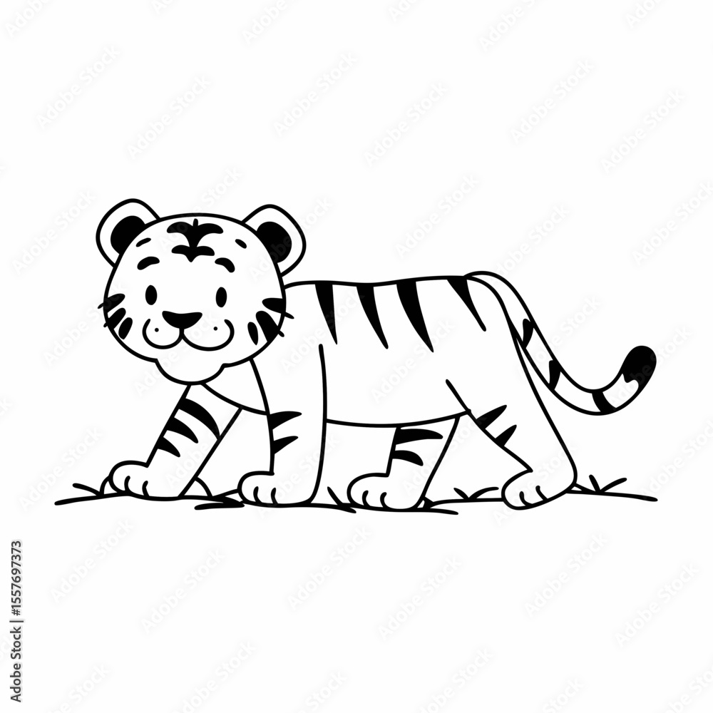 Fototapete vector illustration of happy tiger cub walking with a smile black and white drawing for children to 