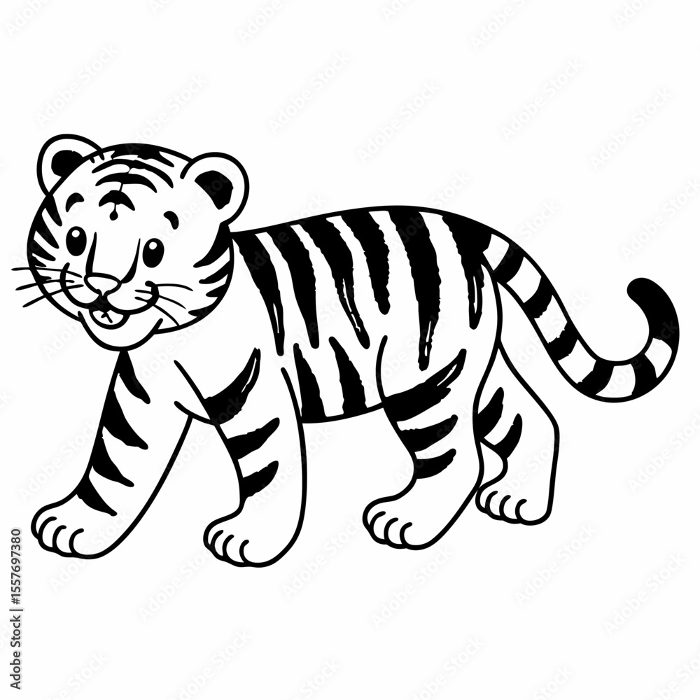 Fototapete vector illustration of happy tiger cub walking with a smile black and white drawing for children to 