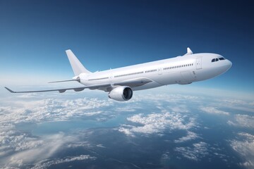 Obraz premium White Airplane Flying Above Fluffy Clouds and Blue Sky