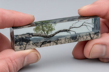 Miniature Tree Encased in Resin: A close-up shot captures an artful miniature tree delicately preserved within a clear resin block, showcasing intricate details.