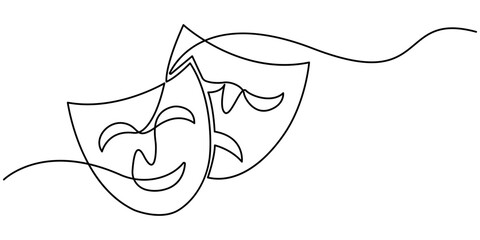 Greek mask one line drawing, opera event symbols continuous hand drawn, mask one line vector isolated design element, isolated on white background, Theater Sign Line Icon Editable .