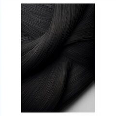 A striking close-up shot of dark, lustrous hair, emphasizing its smooth texture and rich color. The strands are arranged in a dynamic pattern, highlighting the healthy and sleek appearance 