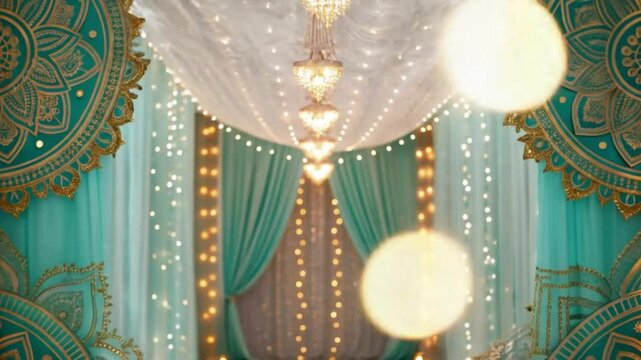 Luxurious Teal Gold Mandala Wedding Stage Decor with Twinkling Fairy Lights and Candles