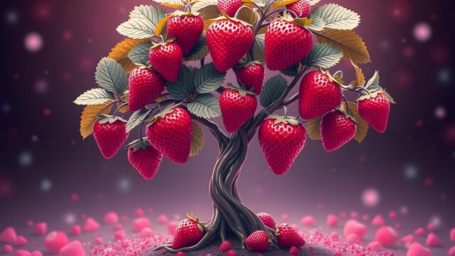 Strawberries on a tree with lots of strawberries laing on the ground illustration design