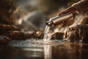 Refreshing Nature's Essence: A person pours water from a stainless steel bottle into a pristine stream, celebrating the purity of natural springs and the importance of hydration.