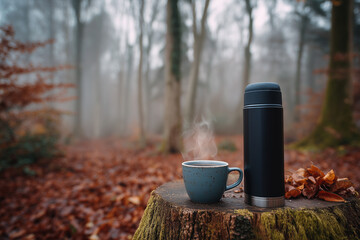 Cozy Forest Break: A tranquil outdoor scene featuring a cup of hot drink alongside a thermos, offering a moment of peace amidst a backdrop of autumn foliage. 
