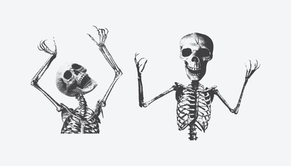 Skeleton collage element with retro grainy texture and vintage stipple copying effect, Vector illustration for grunge psychedelic surreal poster