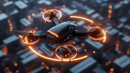 Futuristic drone with glowing orange lights and rotating propellers amidst a textured digital background showing modern aerial technology