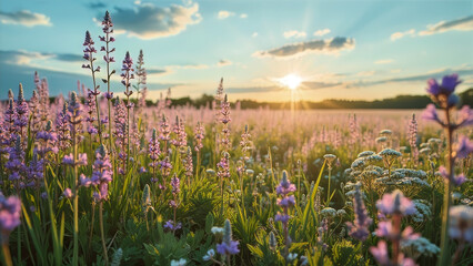 Wildflower Meadow at Golden Hour Sunset with Purple Lavender and Wild Plants