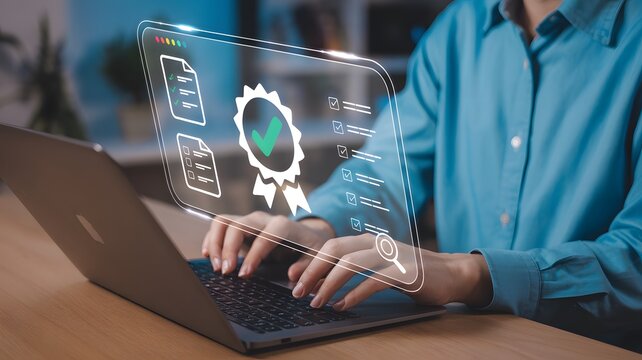 Person works at computer, documents flow easily with software automation for approvals, a modern solution for digital document management workflow with quality assurance checks.