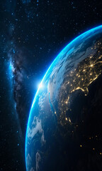 Image of View of earth from space at night illuminated by city lights with a bright sunrise and starry galaxy background, earth, space, planet, night, city, lights, galaxy, star printed on Printed Glass Basin Splashbacks