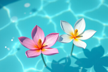 pink and white flowers floating on clear blue water, bold lines, summer vibes