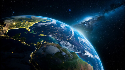 Obraz premium View of planet earth from space at night showing city lights and the milky way galaxy, earth, space, planet, night, city, lights, galaxy