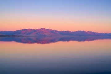 Fototapeta premium Mirrored Pastel Mountains Reflected on Calm Lake at Sunset – Dreamy Landscape Photography