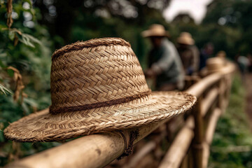 Hat on Fence: A straw hat, symbol of rural life, sits on a weathered wooden fence, with farmers tending fields in the blurry background. Capturing the essence of labor.
