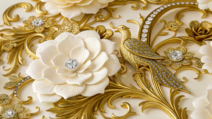 Embossed floral design with a golden bird adorned with sparkling diamonds and white flowers, embossed, floral, design, luxurious, ornate