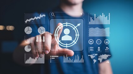 Targeting on Digital Display: Person interacting with a digital interface showing targeting graphics, highlighting digital analytics, modern marketing and business optimization.