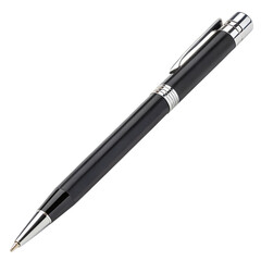 Elegant black ballpoint pen with silver accents isolated on transparent background