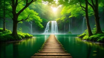 Tranquil Nature Landscape AI Art,AI-generated digital illustration of a peaceful, vibrant green forest with a wooden path leading to a majestic water