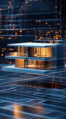 A modern house design with glass windows and a grid pattern background in a digital rendering style
