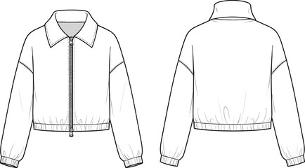 Women's zip-up bomber jacket flat sketch, long sleeve outerwear template, fashion cad drawing, ribbed hem jacket, vector illustration