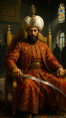 A majestic sultan sitting on his throne with a sword in his hand
