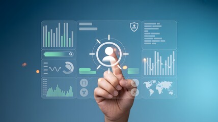 Digital Interface Interaction: A close-up of a hand interacts with a sophisticated digital interface, illuminating data analysis and technological innovation in a visually appealing and engaging way.