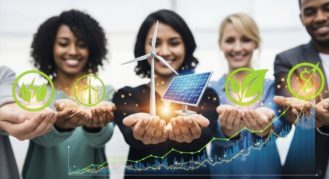 Diverse Team Promoting Renewable Energy Solutions and Sustainable Practices