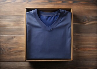 Navy v neck t shirt neatly folded inside a cardboard box on a wood surface