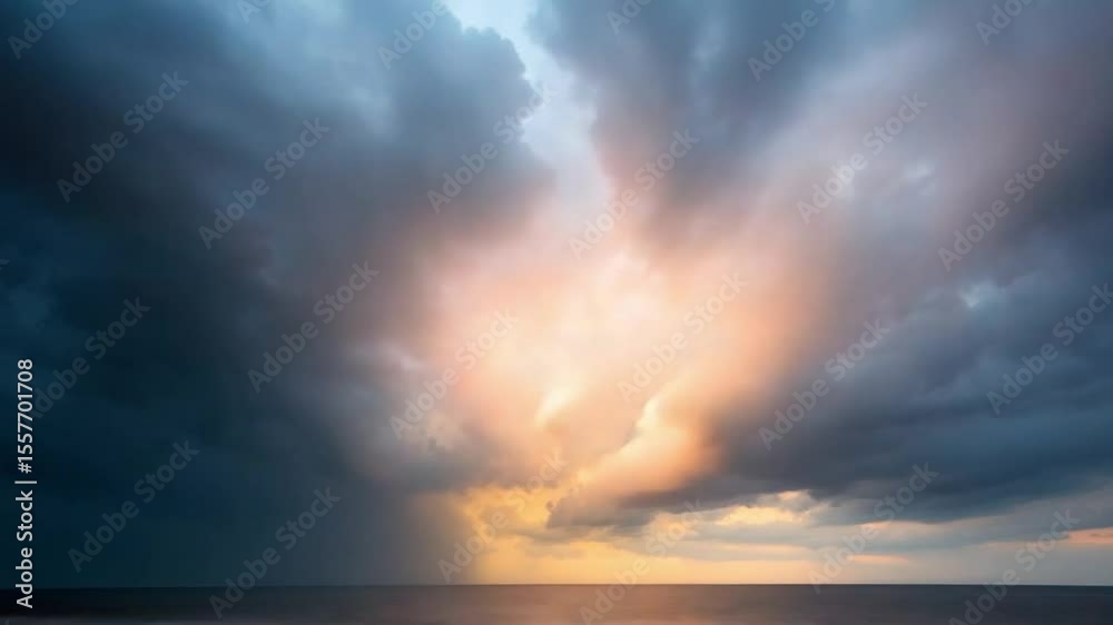 Poster dramatic sky: an awe-inspiring view of a stormy sky, illuminated by a burst of sunlight breaking thr
