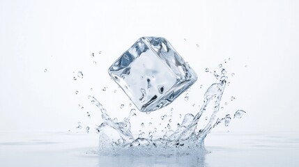 Obraz premium Falling ice cube isolated on a white background with full depth of field. Perfect for beverage ads, product mockups, or refreshing design concepts.