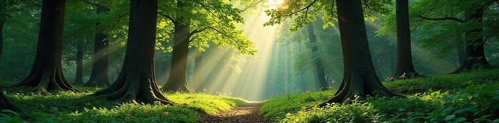 Sunlight Dapples Ancient Forest Floor Tall Trees Stand Majestic in Serene Summer Woodland, Creating a Peaceful Nature Scene Perfect for Backgrounds and Environmental Themes